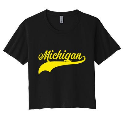 Michigan MI USA Vintage Varsity Style Maize Font Crop Top