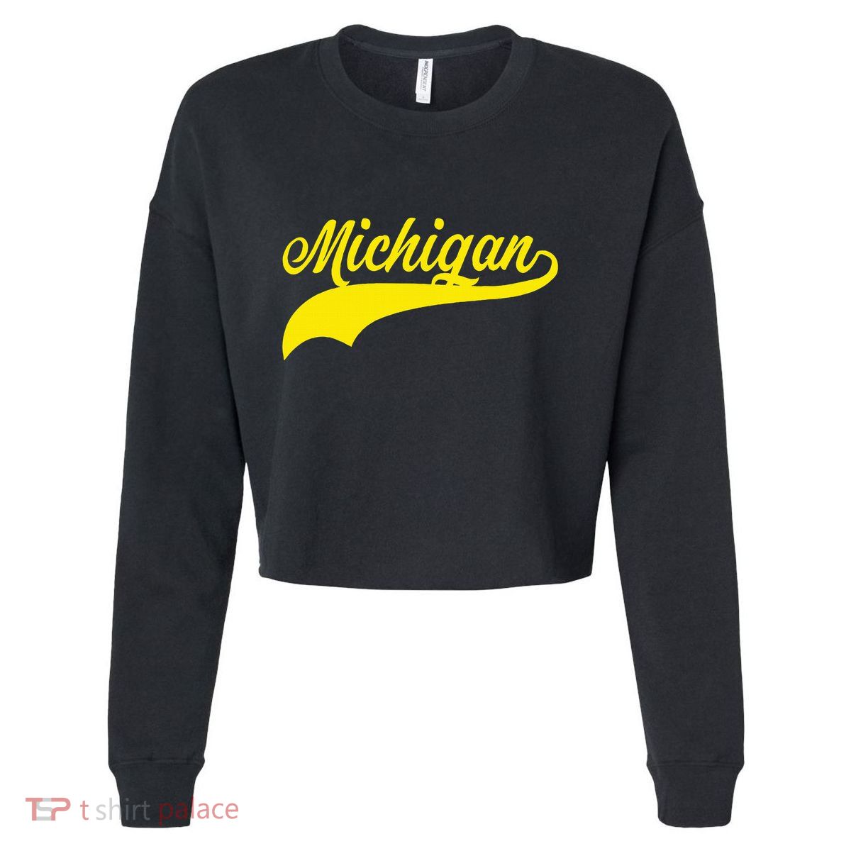 Michigan MI USA Vintage Varsity Style Maize Font Cropped Pullover Crew