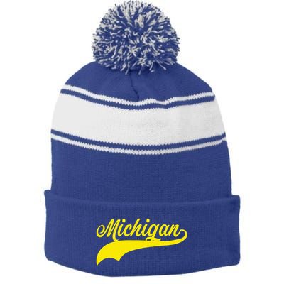 Michigan MI USA Vintage Varsity Style Maize Font Stripe Pom Pom Beanie