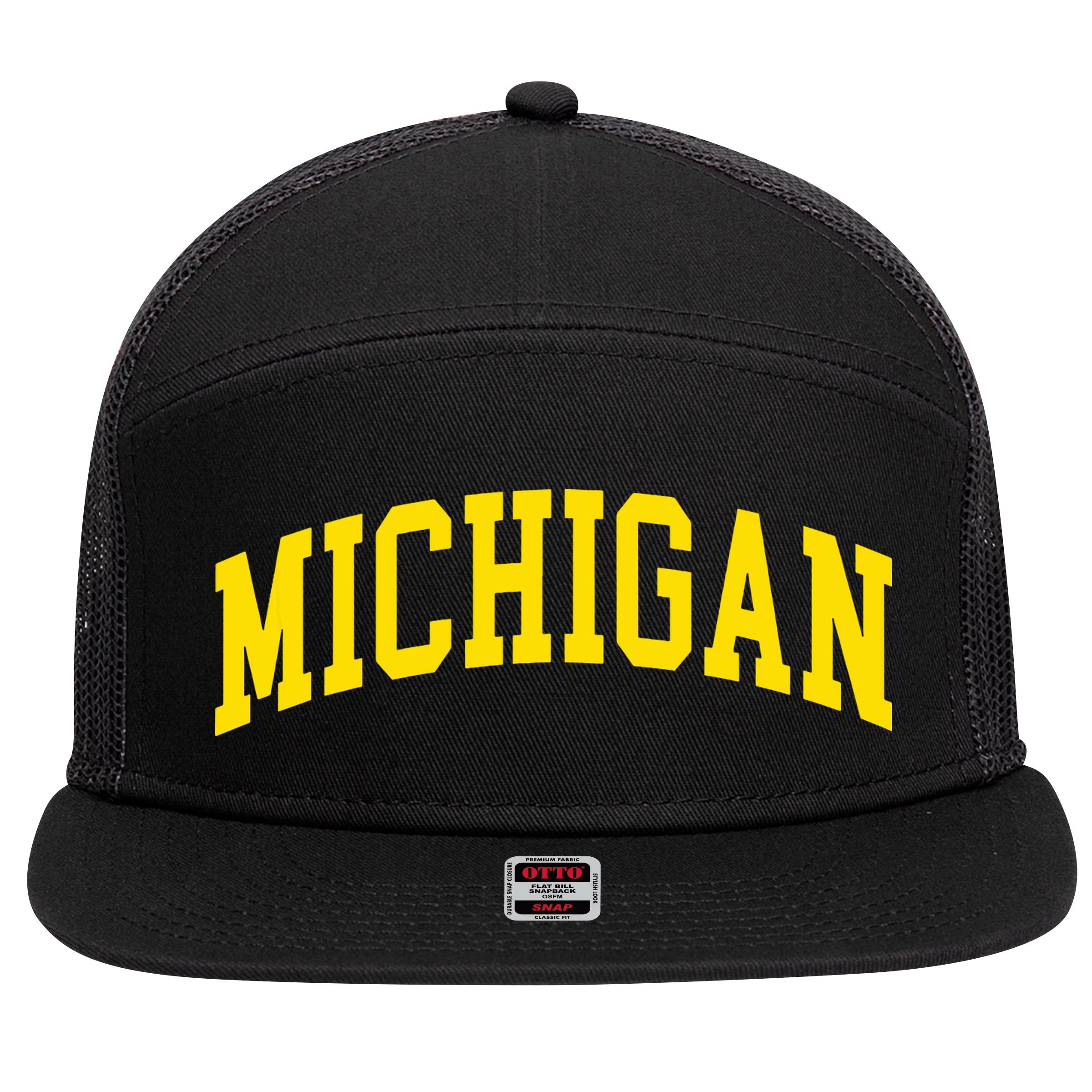 Michigan Mi Usa United States Font 7 Panel Mesh Trucker Snapback Hat