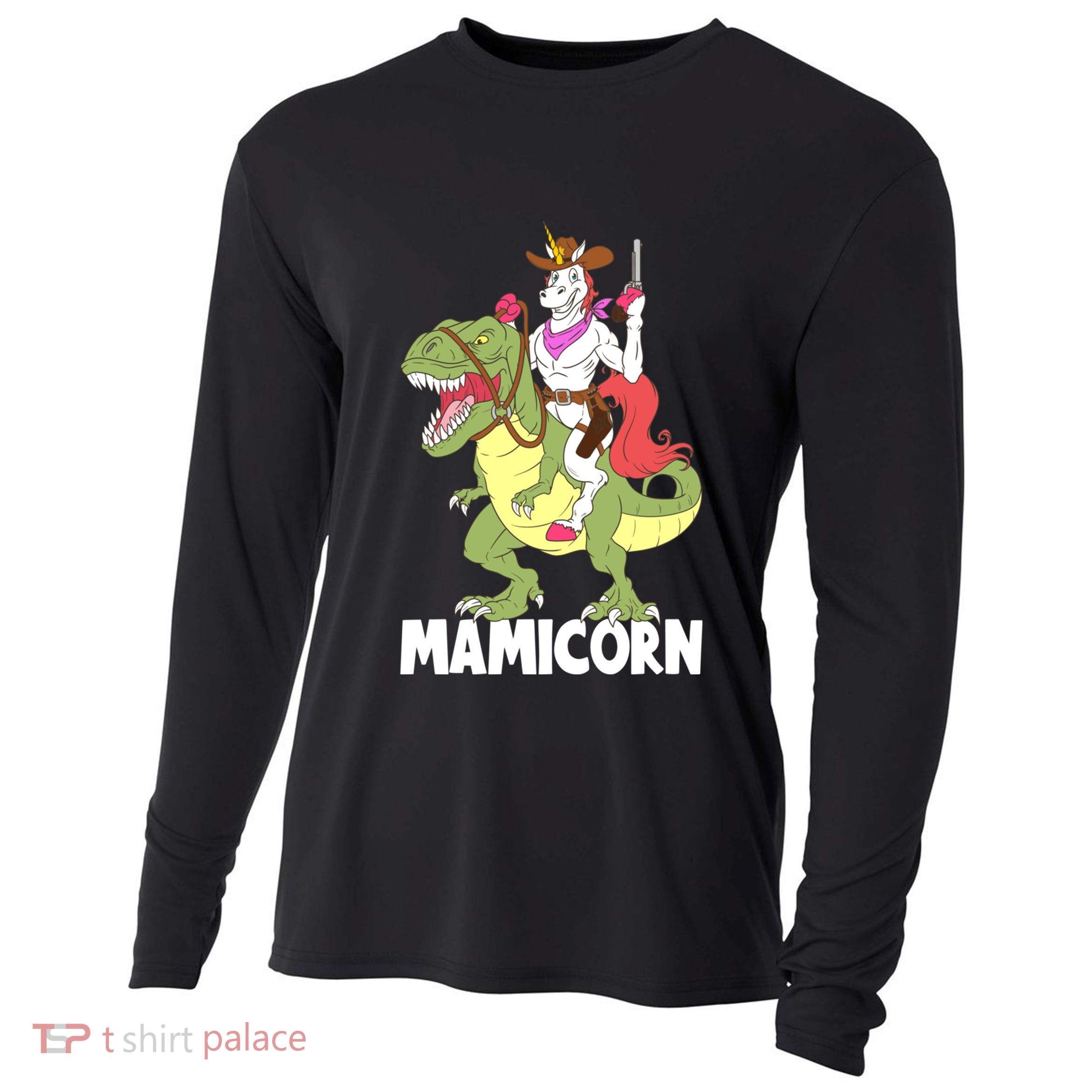 Mamicorn Mami Unicorn Riding Trex Dinosaur Mom Mama Cow Gift Cooling Performance Long Sleeve Crew