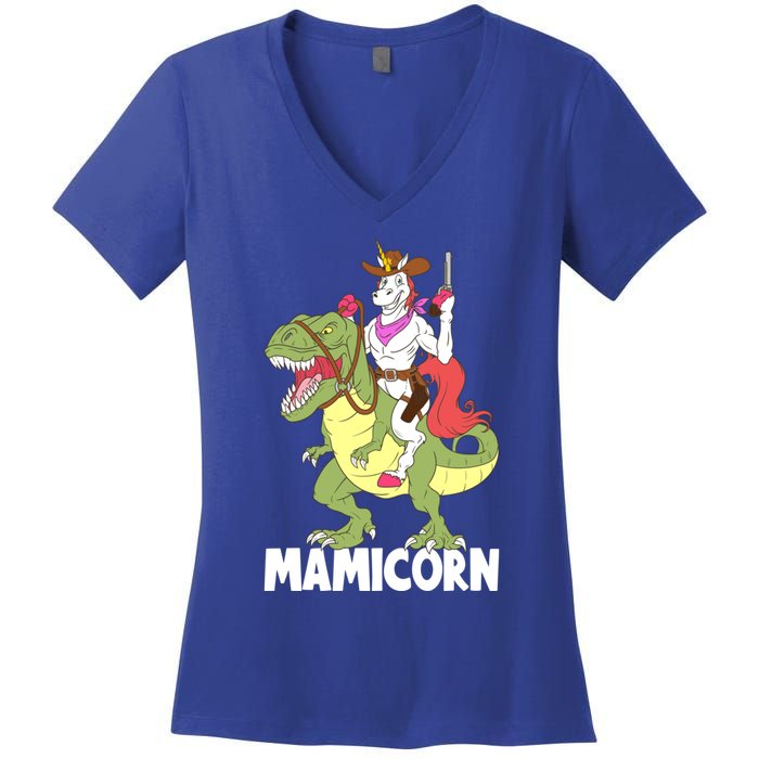 Mamicorn Mami Unicorn Riding Trex Dinosaur Mom Mama Cow Gift Women's V-Neck T-Shirt