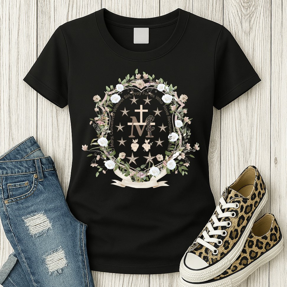 Marian Medal Virgin Mary Marian Cross Womens T-Shirt