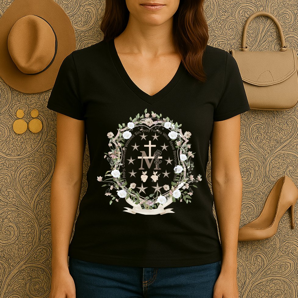 Marian Medal Virgin Mary Marian Cross Women's V-Neck T-Shirt