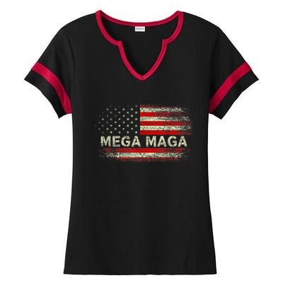 Mega Maga Vintage American US Flag Trump Supporter Ladies Halftime Notch Neck Tee