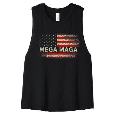 Mega Maga Vintage American US Flag Trump Supporter Women's Racerback Cropped Tank