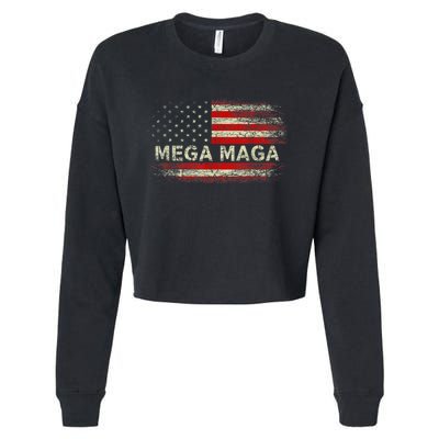 Mega Maga Vintage American US Flag Trump Supporter Cropped Pullover Crew