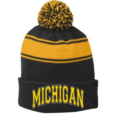 Michigan MI VintageStyle Maize Font Stripe Pom Pom Beanie