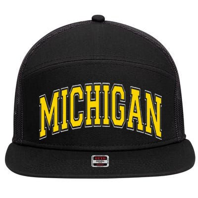 Michigan MI VintageStyle Maize Font 7 Panel Mesh Trucker Snapback Hat