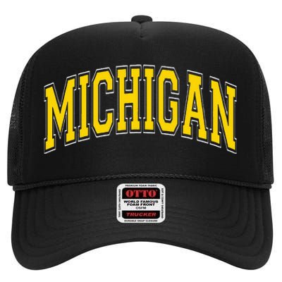 Michigan MI VintageStyle Maize Font High Crown Mesh Back Trucker Hat