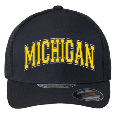 Michigan MI VintageStyle Maize Font Flexfit Unipanel Trucker Cap