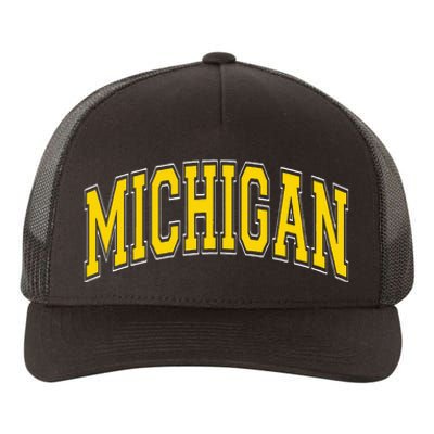 Michigan MI VintageStyle Maize Font Yupoong Adult 5-Panel Trucker Hat