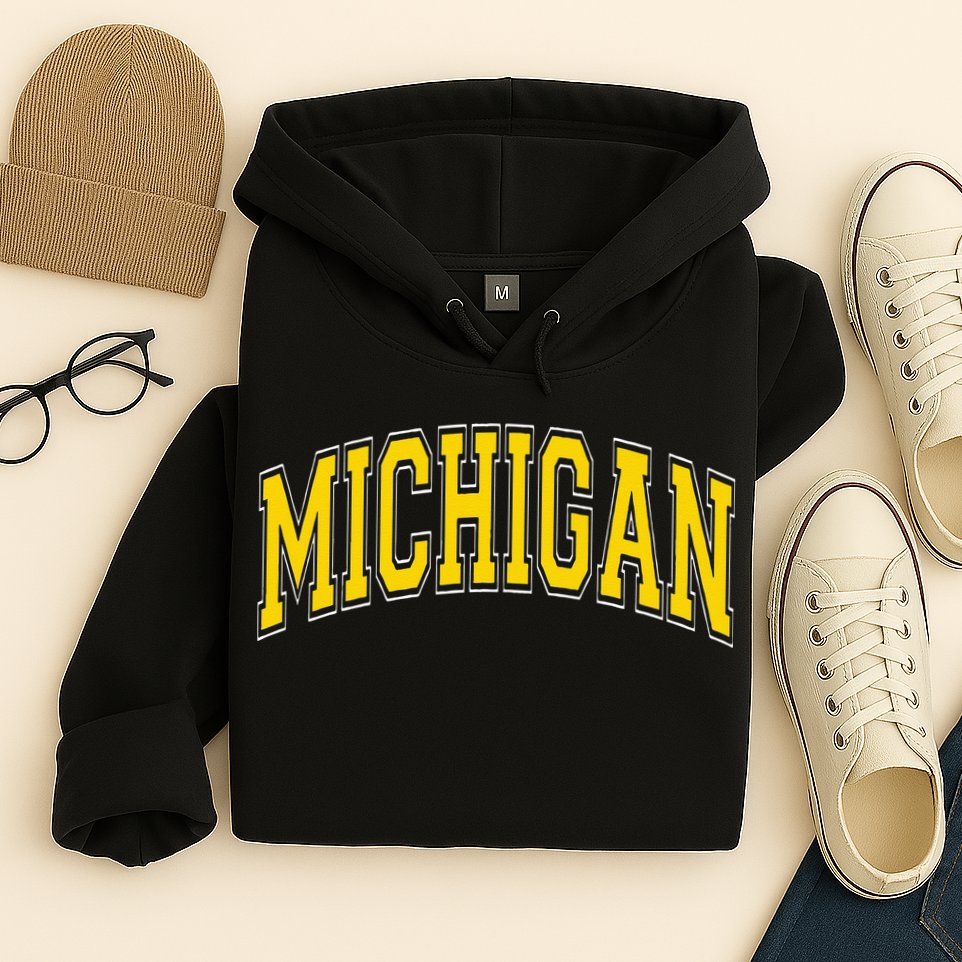 Michigan MI VintageStyle Maize Font Hoodie