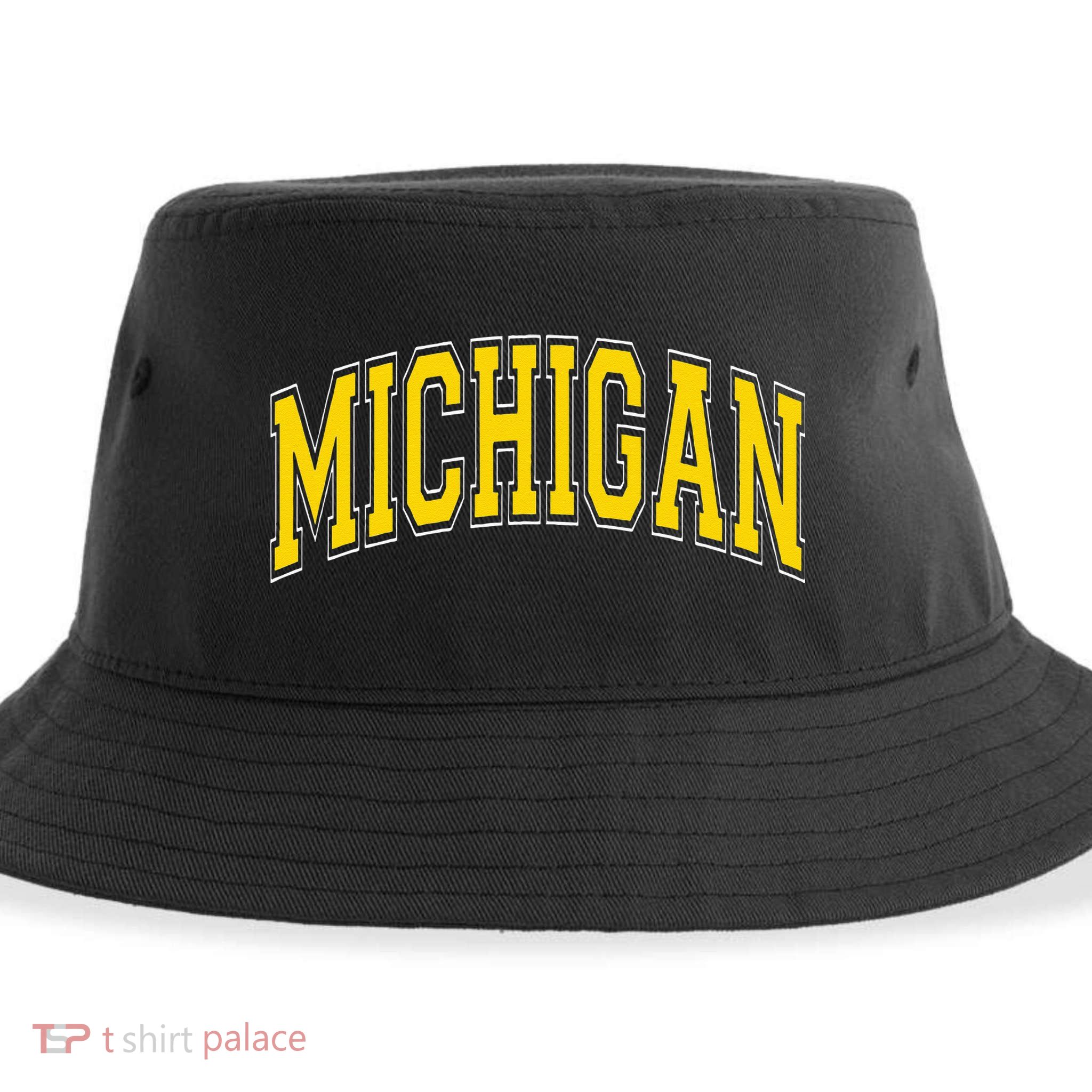 Michigan MI VintageStyle Maize Font Sustainable Bucket Hat