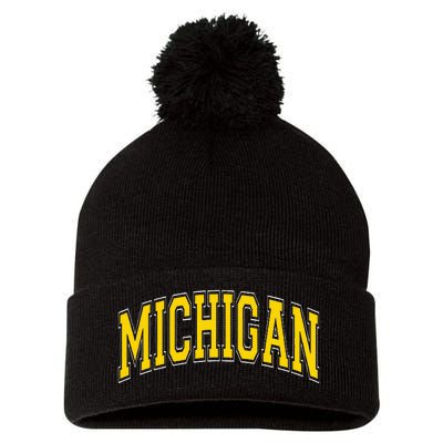 Michigan MI VintageStyle Maize Font Pom Pom 12in Knit Beanie