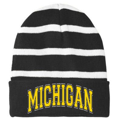 Michigan MI VintageStyle Maize Font Striped Beanie with Solid Band