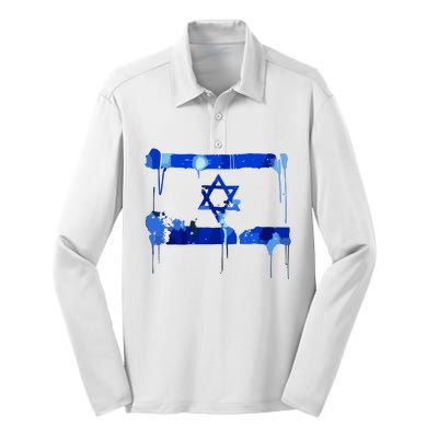 Marina Medvin Wearing Distressed Israeli Flag Silk Touch Performance Long Sleeve Polo