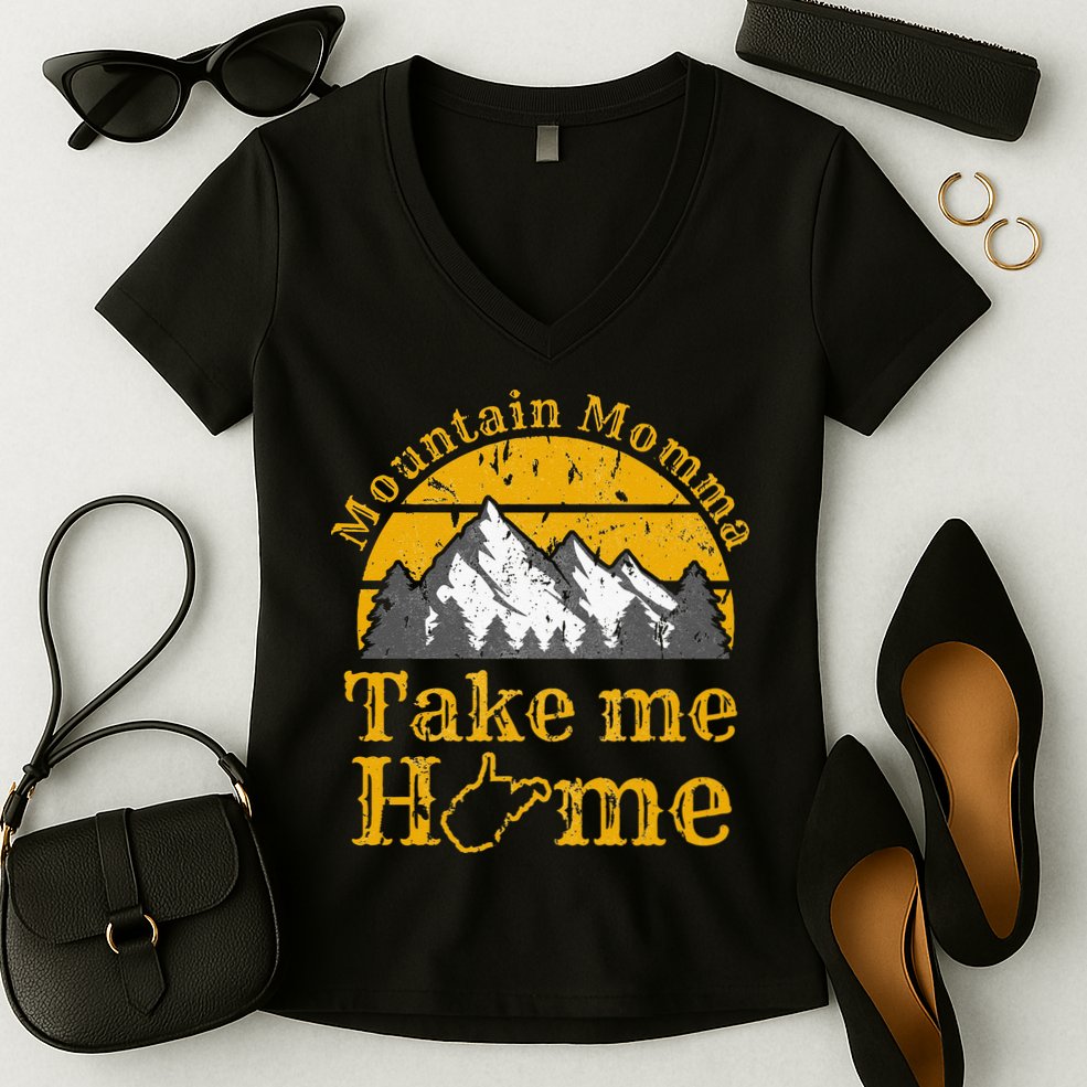 Mountain Momma West Virginia Take Me Home WV Map Mountains Women's V-Neck T-Shirt