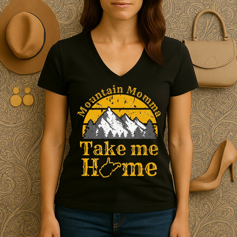 Mountain Momma West Virginia Take Me Home WV Map Mountains Women's V-Neck T-Shirt