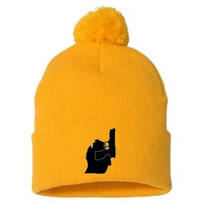 Michigan Mitten With Gun Design Pom Pom 12in Knit Beanie