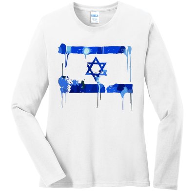 Marina Medvin Wearing Distressed Israeli Flag.Png Ladies Long Sleeve Shirt