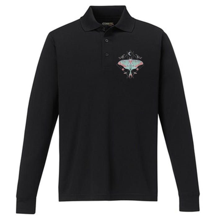 Mysterious Moths With Moon Crescent Gothic Moth Performance Long Sleeve Polo