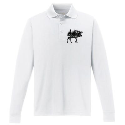 Moose Nature Alaska Hiking Fishing Camping Hunting Gift Performance Long Sleeve Polo