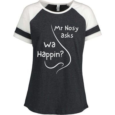 Mr Nosy Asks Wa Happin Question Humorous Silly What  Enza Ladies Jersey Colorblock Tee