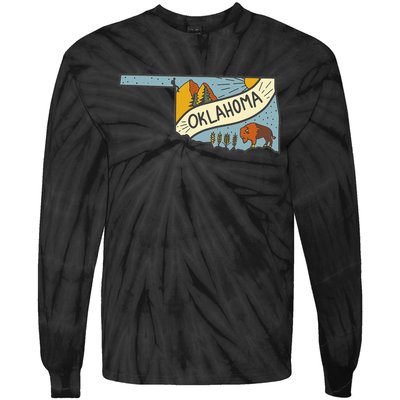 Mountain Nature Bison Buffalo Inside Oklahoma Map Hiking Tie-Dye Long Sleeve Shirt