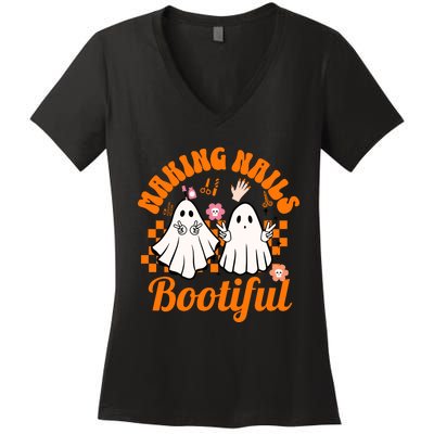 Making Nails Bootiful Halloween For Nail Technicians Artists Women's V-Neck T-Shirt