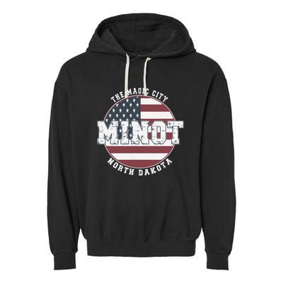 Minot North Dakota Vintage American Flag Garment-Dyed Fleece Hoodie