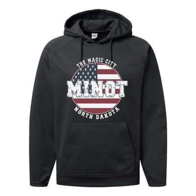 Minot North Dakota Vintage American Flag Performance Fleece Hoodie