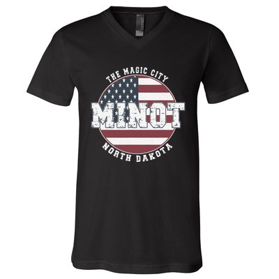 Minot North Dakota Vintage American Flag V-Neck T-Shirt