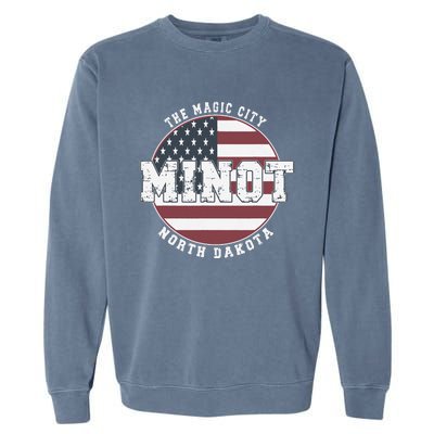 Minot North Dakota Vintage American Flag Garment-Dyed Sweatshirt