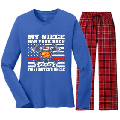 My Niece Has Your Back Proud Firefighters Uncle Funny Gift Women's Long Sleeve Flannel Pajama Set 