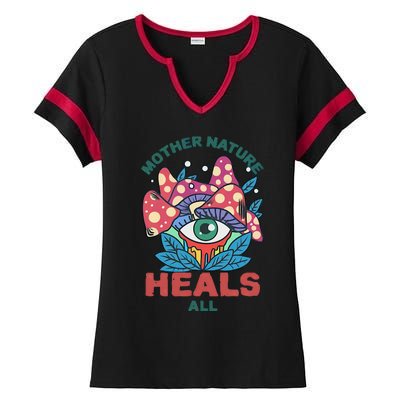 Mother Nature Heals All Cartoon Magic Mushroom Retro Ladies Halftime Notch Neck Tee