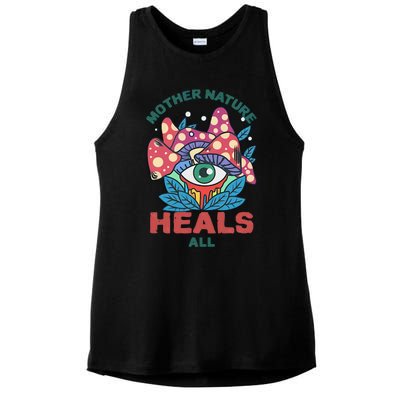 Mother Nature Heals All Cartoon Magic Mushroom Retro Ladies PosiCharge Tri-Blend Wicking Tank