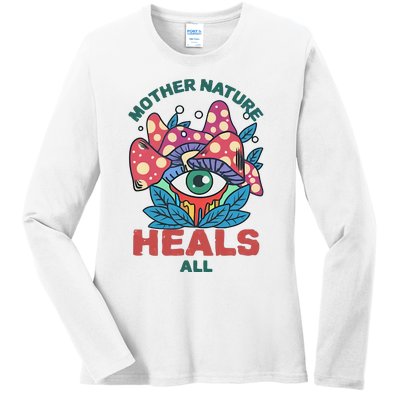 Mother Nature Heals All Cartoon Magic Mushroom Retro Ladies Long Sleeve Shirt