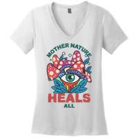 Mother Nature Heals All Cartoon Magic Mushroom Retro Women's V-Neck T-Shirt