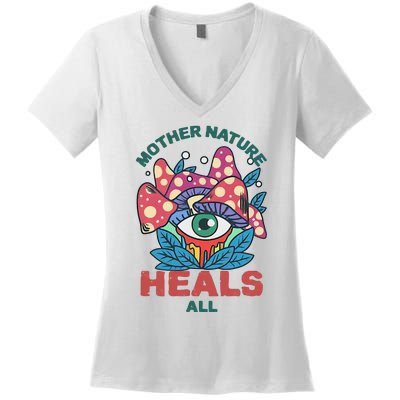 Mother Nature Heals All Cartoon Magic Mushroom Retro Women's V-Neck T-Shirt