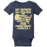 My Nephew Has Your Back Proud Army Uncle Military Family Baby Bodysuit