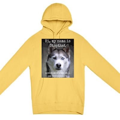 My Name Is Stopthat Funny Hyper Siberian Husky Dog Owner Premium Pullover Hoodie