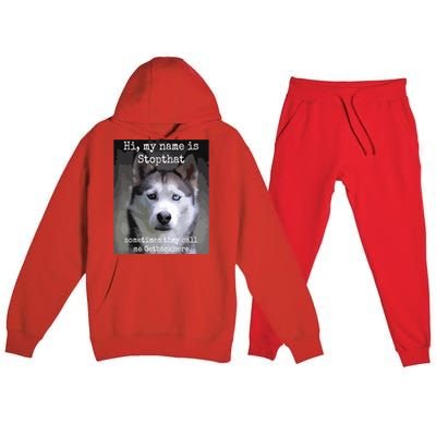 My Name Is Stopthat Funny Hyper Siberian Husky Dog Owner Premium Hooded Sweatsuit Set