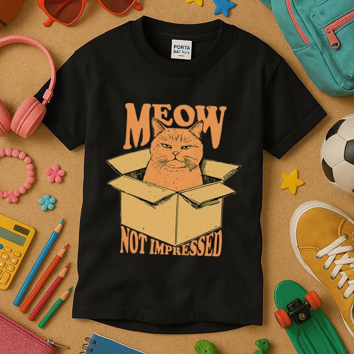 Meow Not Impressed Sarcastic Cat Meme Grumpy Feline In Box .Png Kids T-Shirt