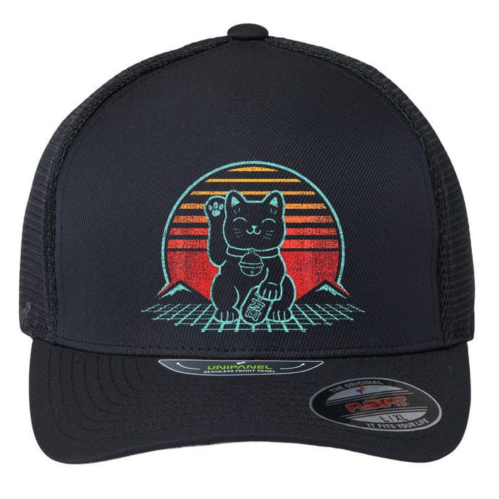 Maneki Neko Japanese Lucky Cat Retro Aesthetic Kawaii Flexfit Unipanel Trucker Cap