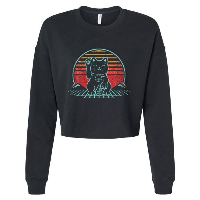 Maneki Neko Japanese Lucky Cat Retro Aesthetic Kawaii Cropped Pullover Crew