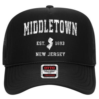 Middletown New Jersey Nj Vintage Athletic Sports High Crown Mesh Back Trucker Hat