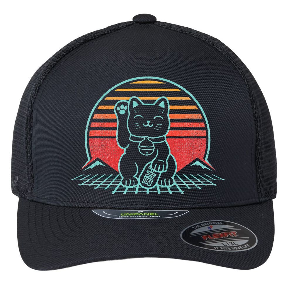 Maneki Neko Japanese Lucky Cat Retro Aesthetic Kawaii  Flexfit Unipanel Trucker Cap