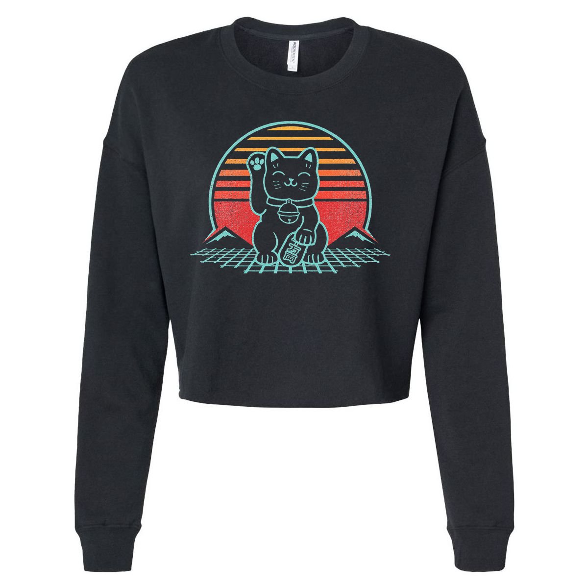 Maneki Neko Japanese Lucky Cat Retro Aesthetic Kawaii  Cropped Pullover Crew