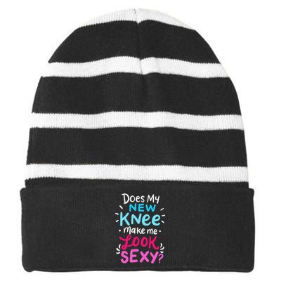 My New Knee Gift Funny Knee Replacement Surgery Joke Striped Beanie with Solid Band